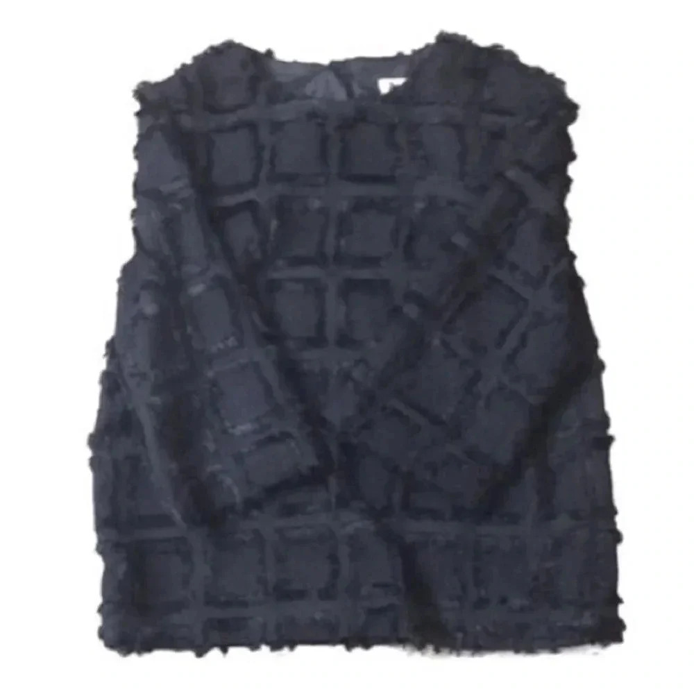 H&M Black Square Feather Fringe Top 3/4 Sleeves 2